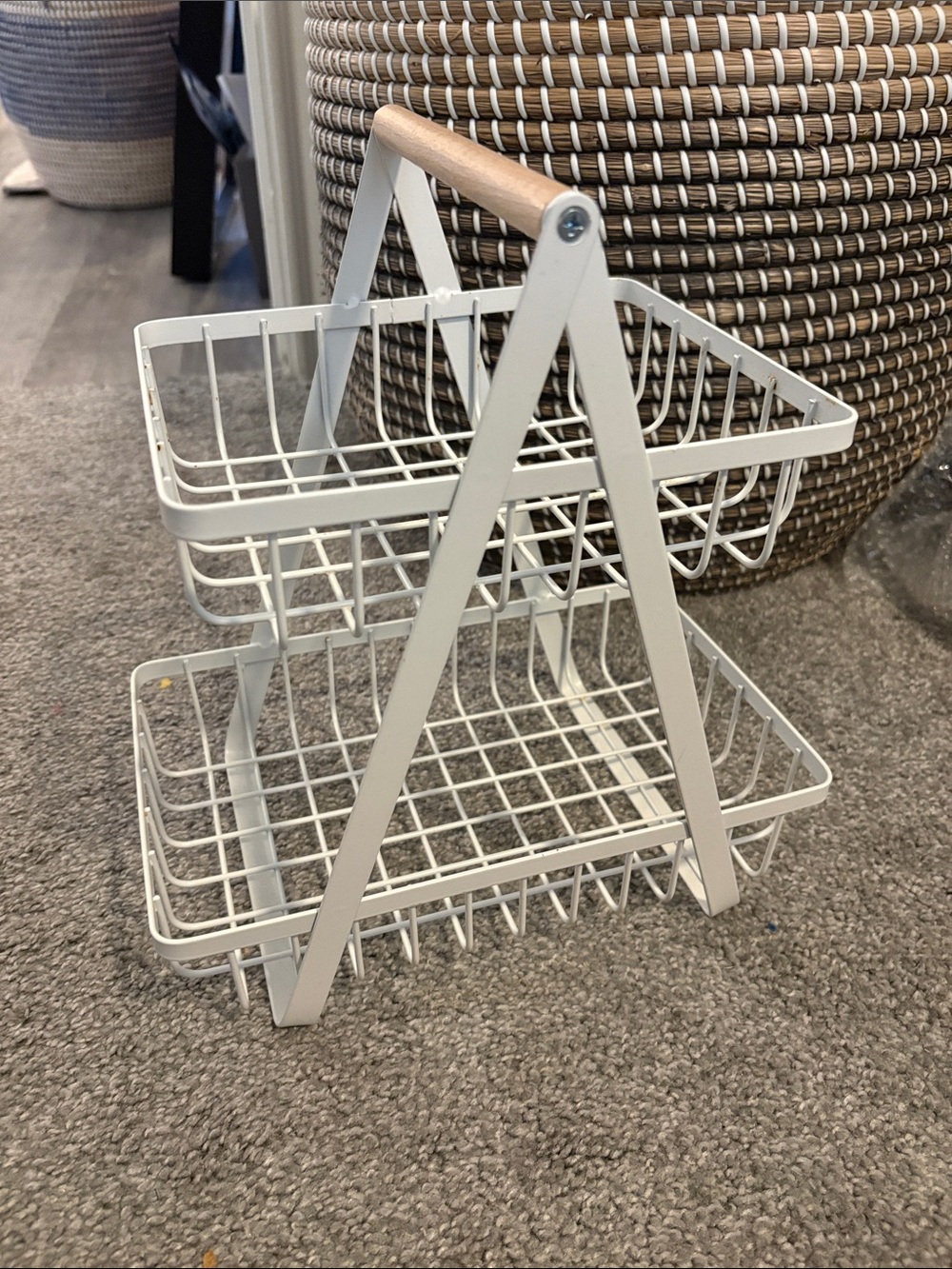 Two-Tier White Wire Storage Caddy with Wood Handle
